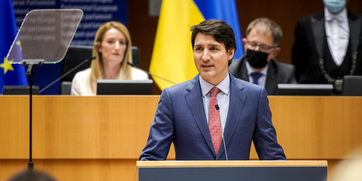 Photo shows Prime Minister Justin Trudeau addressing the European Parliament about the West role in opposing the invasion of Ukraine.