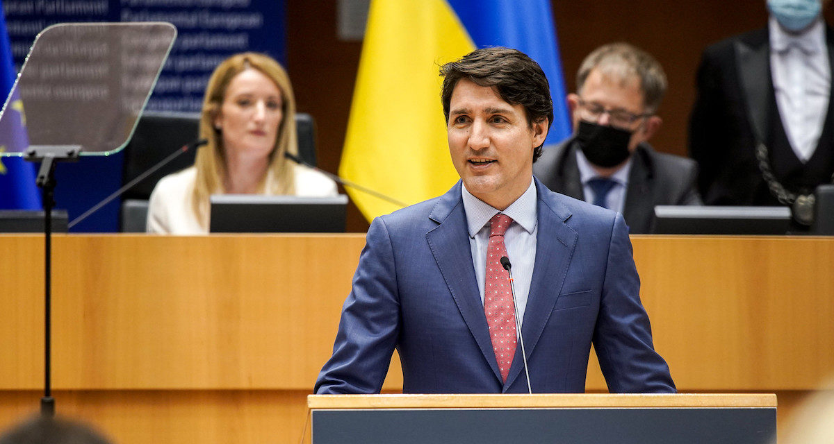 Photo shows Prime Minister Justin Trudeau addressing the European Parliament about the West role in opposing the invasion of Ukraine.