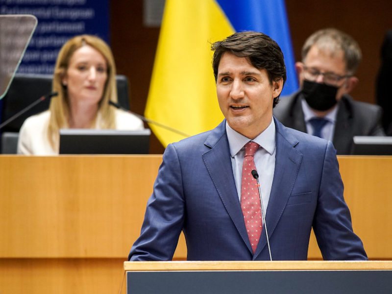 Photo shows Prime Minister Justin Trudeau addressing the European Parliament about the West role in opposing the invasion of Ukraine.