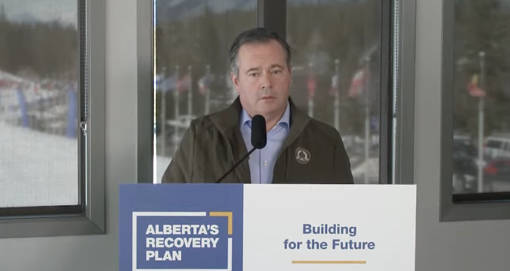 Alberta Premier Jason Kenney at his news conference in Canmore Friday (Photo: Screenshot of Alberta Government video).