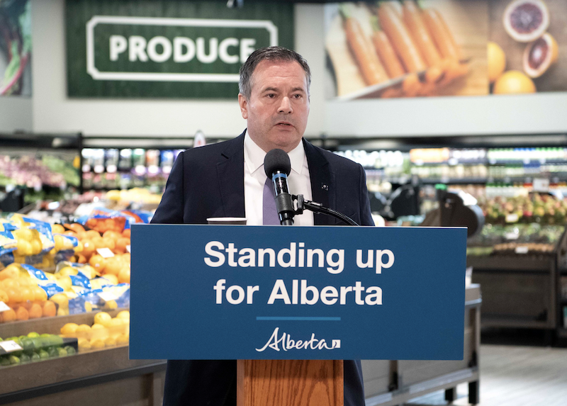 Alberta Premier Jason Kenney at yesterday’s election-campaign-style news conference (Photo: Alberta Newsroom/Flickr).