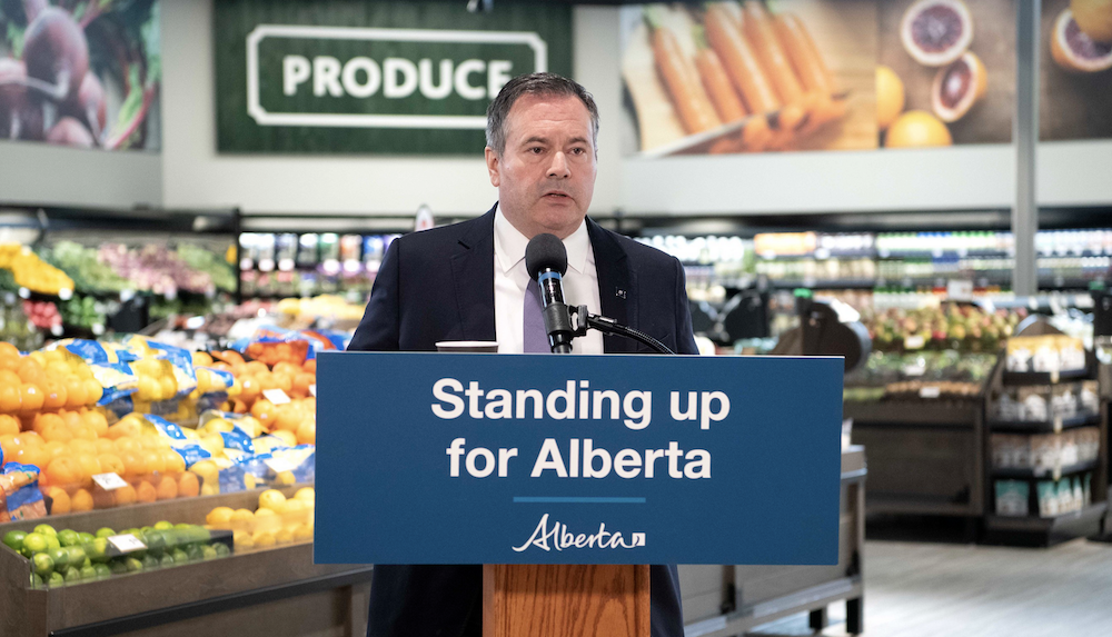 Alberta Premier Jason Kenney at yesterday’s election-campaign-style news conference (Photo: Alberta Newsroom/Flickr).