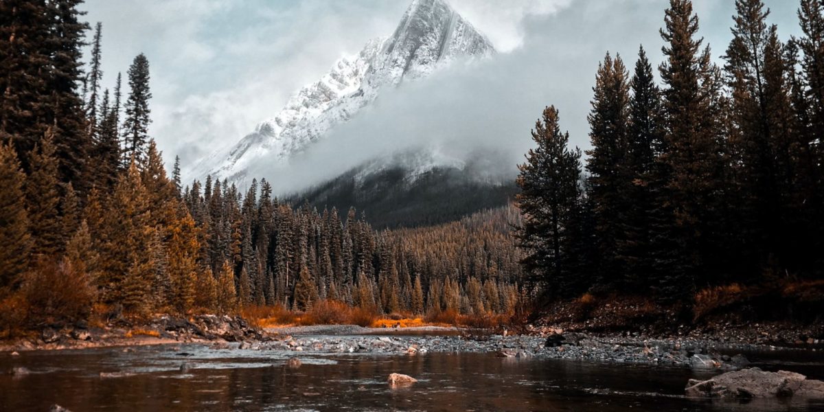 Photo of a river running through a mountain range and forest in Cone Mountain, Alberta.