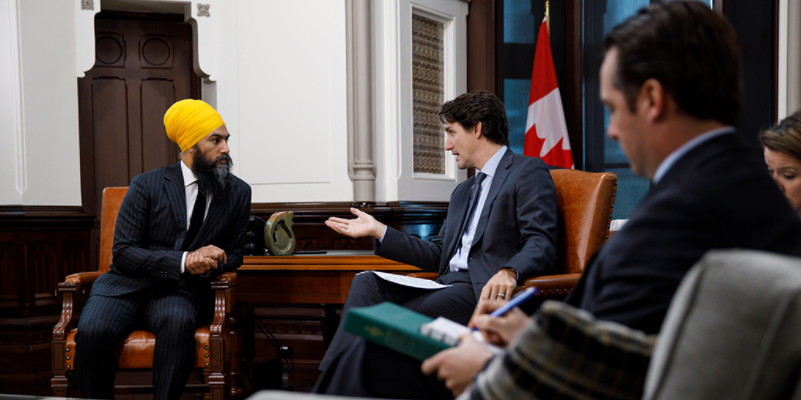 Prime Minister Justin Trudeau meeting with NDP leader Jagmeet Singh.