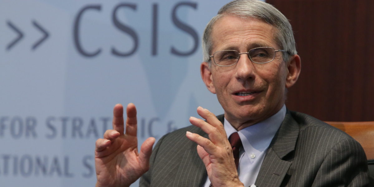 A photo of Dr. Anthony Fauci speaking at a roundtable event about tuberculosis in 2014.