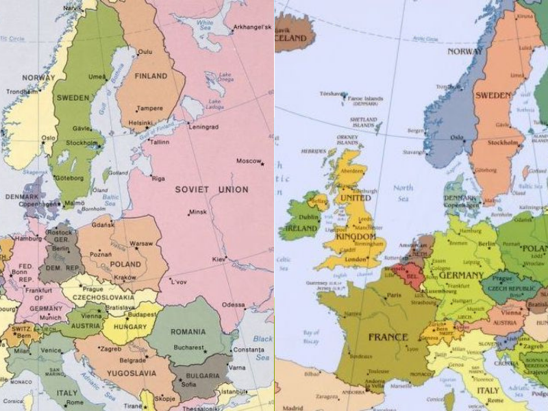 Image show two maps of Europe. Map on the left shows Europe in 1982, before the break up of the Soviet Union. On the right, Europe in 2006, following the election of Vladimir Putin as president of Russia.