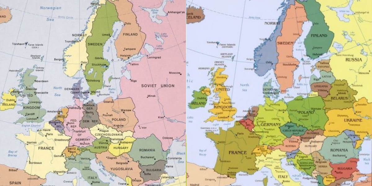 Image show two maps of Europe. Map on the left shows Europe in 1982, before the break up of the Soviet Union. On the right, Europe in 2006, following the election of Vladimir Putin as president of Russia.