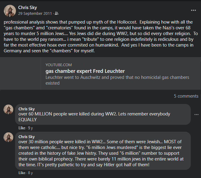 A screencapture of social media posts from 2011 where Chris Sky details his Holocaust Denial theories.