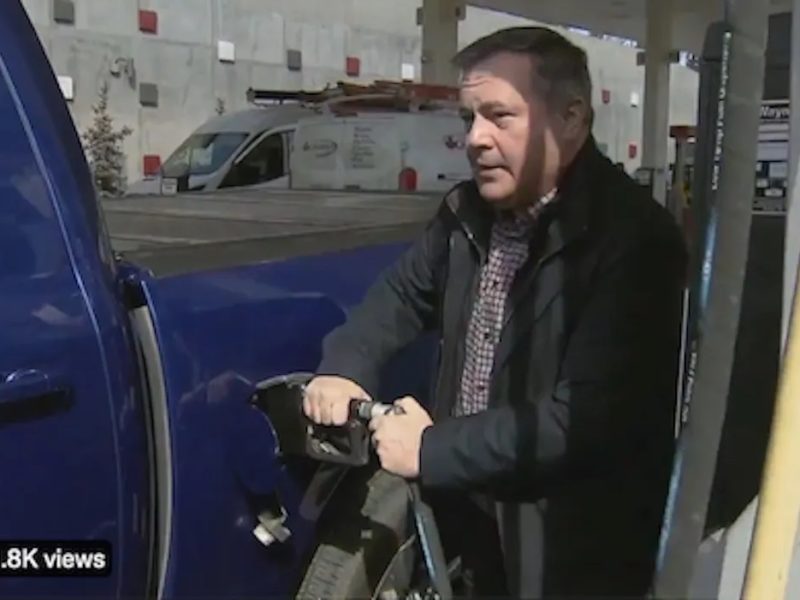 Jason Kenney clipped from the video he didn’t want you to see, struggling with the gas pump on April Fool’s Day in Calgary.