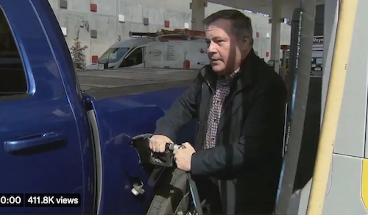 Jason Kenney clipped from the video he didn’t want you to see, struggling with the gas pump on April Fool’s Day in Calgary.