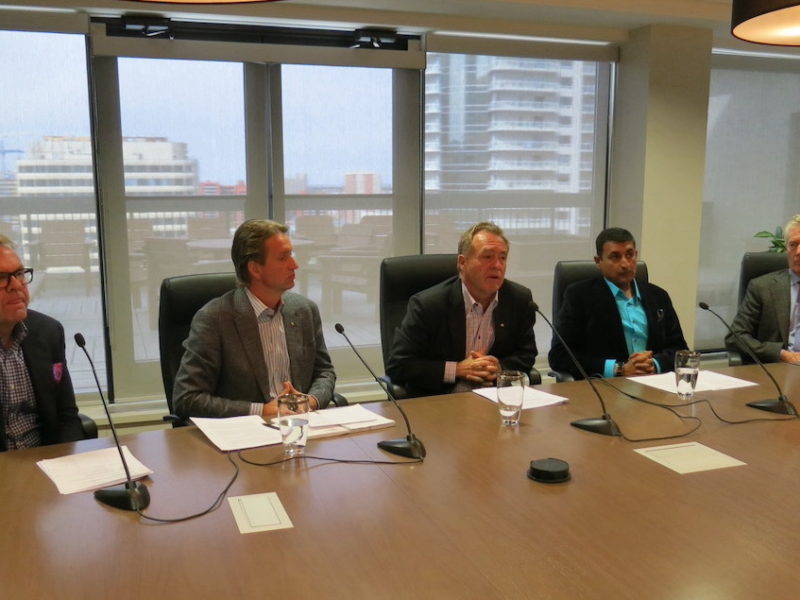 Progressive Conservative businessmen John Cameron, Paul Verhesen, Doug Goss, Ashif Mawji and Tim Melton in the Melcor boardroom on May 1, 2015, they day they tried to save Alberta’s Progressive Conservative government (Photo: David J. Climenhaga).