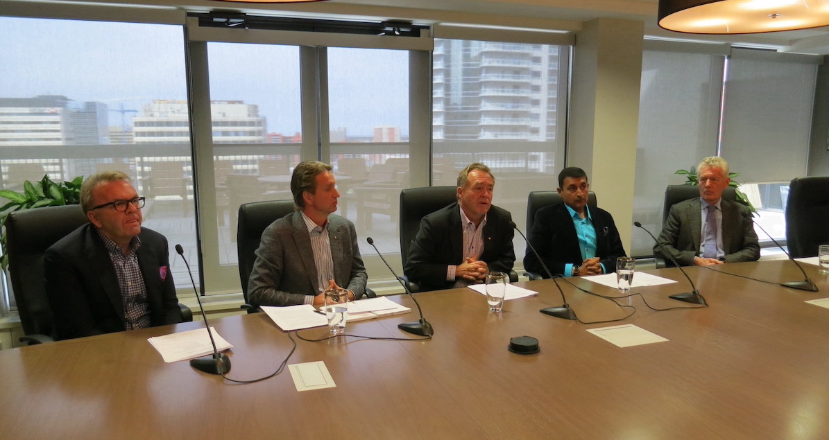 Progressive Conservative businessmen John Cameron, Paul Verhesen, Doug Goss, Ashif Mawji and Tim Melton in the Melcor boardroom on May 1, 2015, they day they tried to save Alberta’s Progressive Conservative government (Photo: David J. Climenhaga).