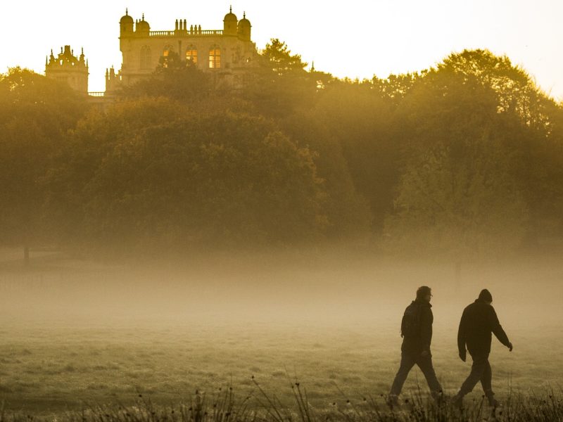 A photo of two individuals walking through the morning mist.