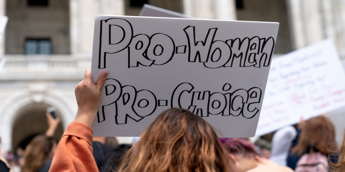 A photo of a A pro choice sign at a demonstration in the U.S. in St. Paul Minnesota in 2019 to protect Roe v. Wade.