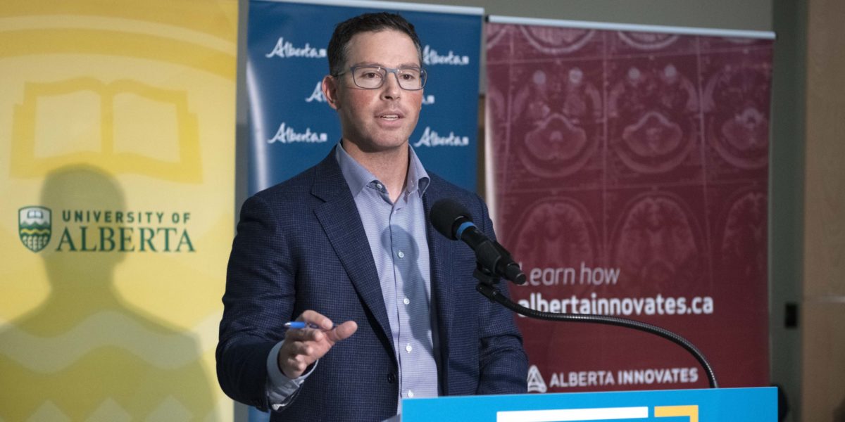 A photo of Alberta Jobs, Economy, and Innovation Minister Doug Schweitzer at a press conference in 2020.