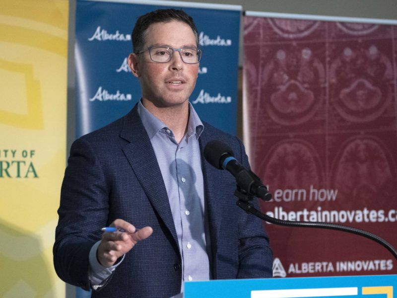 A photo of Alberta Jobs, Economy, and Innovation Minister Doug Schweitzer at a press conference in 2020.