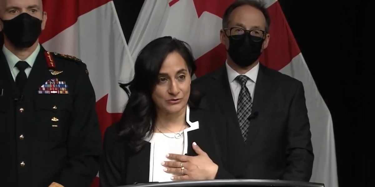 A screen capture of Minister of National Defence Anita Anand at a press conference announcing the release for the report on systemic racism in the Defence Team..