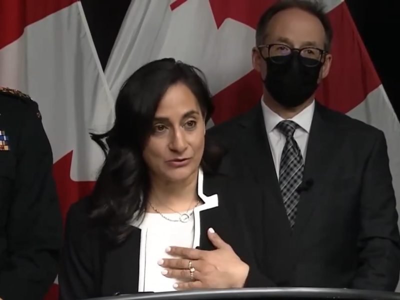 A screen capture of Minister of National Defence Anita Anand at a press conference announcing the release for the report on systemic racism in the Defence Team..