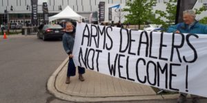 A photo of the protest at the CANSEC arms trade show in 2019.