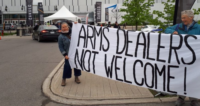 A photo of the protest at the CANSEC arms trade show in 2019.