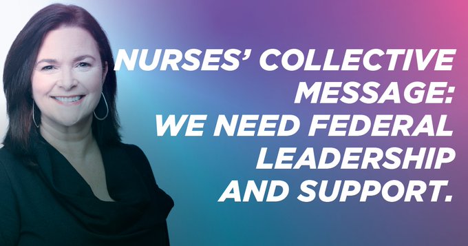 Photo of CFNU president Linda Silas with the text Nurses' collective message: We need federal leadership and support on International Nurses Day.