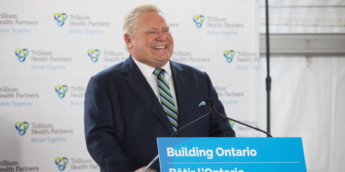 A photo of Ontario Premier Doug Ford at an announcement of a new hospital expansion in Mississauga in December of 2021.