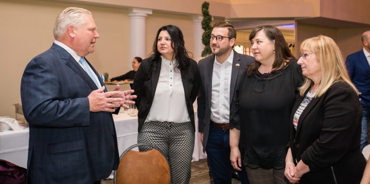 A photo of Doug Ford speaking to members of the Halton Region Chamber of Commerce in April 2022.