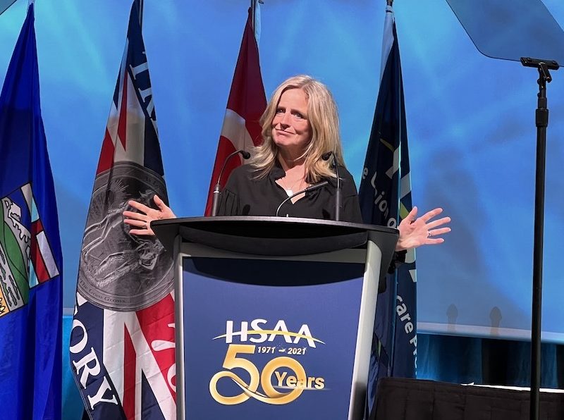 A photo of NDP Opposition Leader and former Alberta premier Rachel Notley during her remarks to the Health Sciences Association of Alberta AGM in Edmonton on May 27.