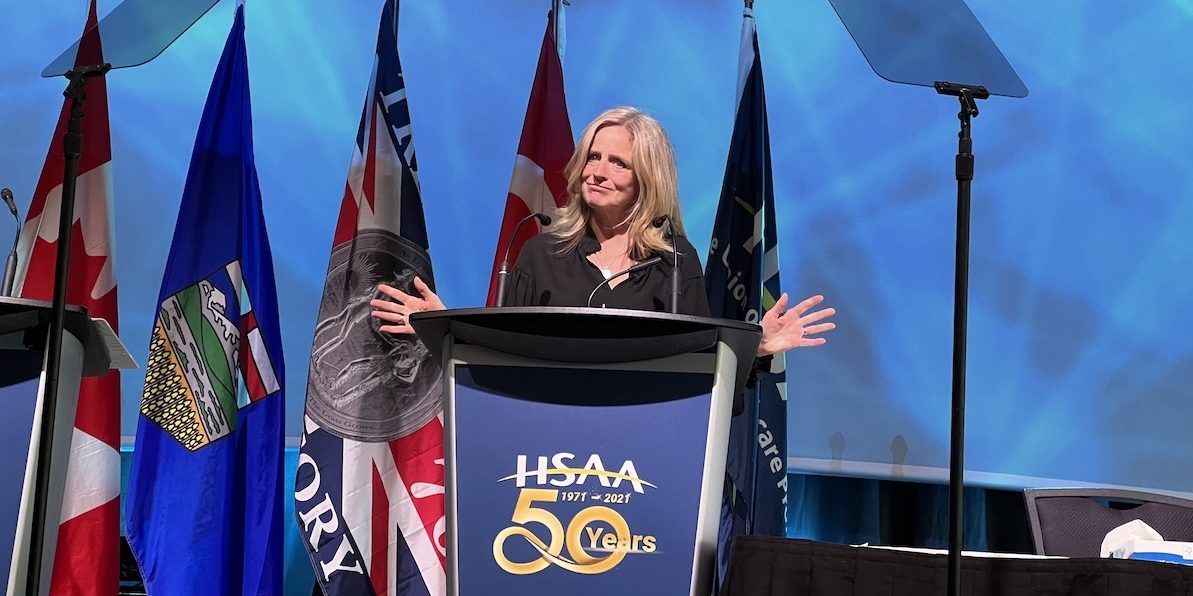 A photo of NDP Opposition Leader and former Alberta premier Rachel Notley during her remarks to the Health Sciences Association of Alberta AGM in Edmonton on May 27.