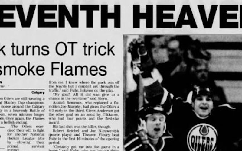 A photo of The outcome of the Oilers-Flames hockey playoff series in 1991, recorded on paper with ink. The Oilers and Flames are playing again on Wednesday night.