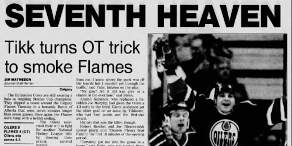 A photo of The outcome of the Oilers-Flames hockey playoff series in 1991, recorded on paper with ink. The Oilers and Flames are playing again on Wednesday night.