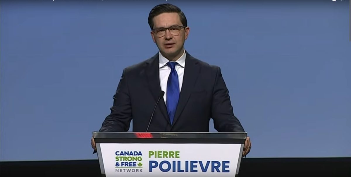 A photo of CPC Leadership candidate Pierre Poilievre at the unofficial leaders debate held on May 5.