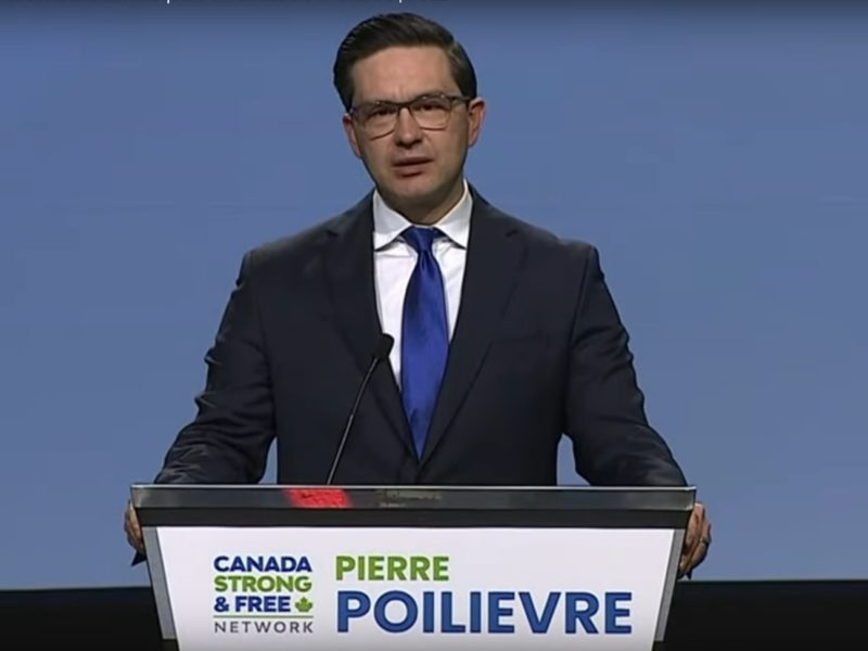 A photo of CPC Leadership candidate Pierre Poilievre at the unofficial leaders debate held on May 5.