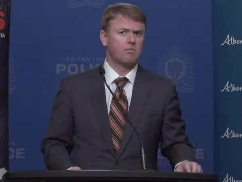 A screenshot of Alberta Justice Minister Tyler Shandro during Wednesday’s often incoherent Crime Stoppers news conference.