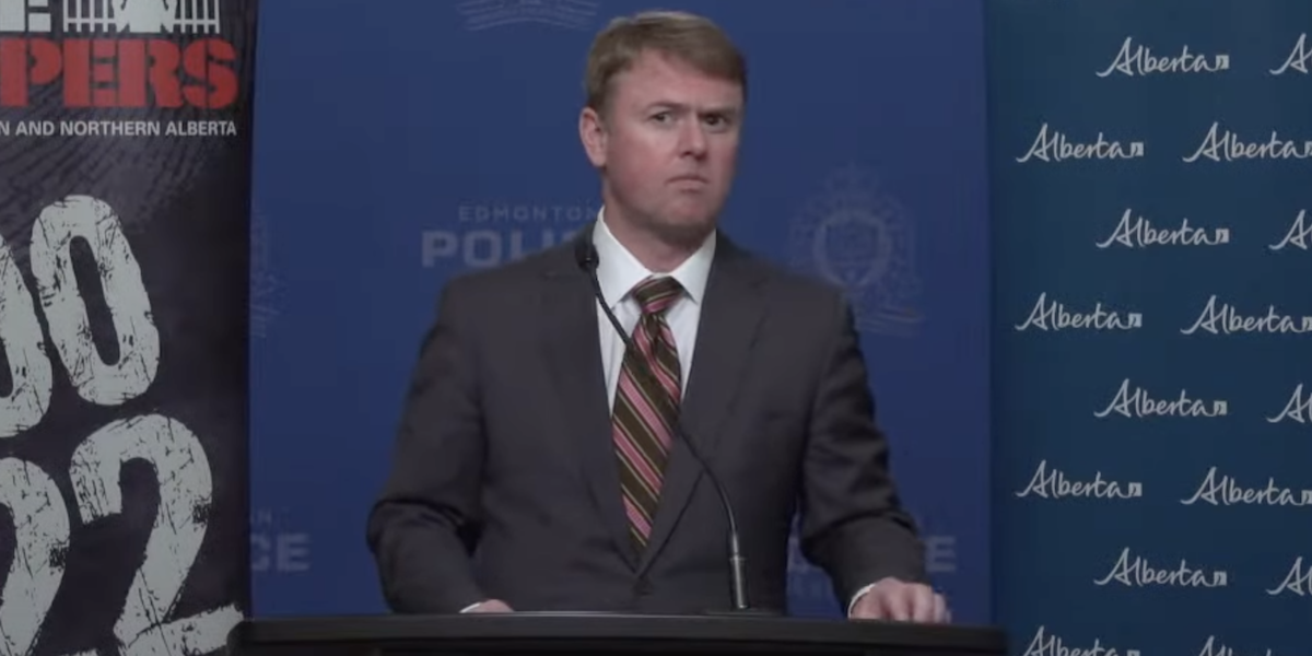 A screenshot of Alberta Justice Minister Tyler Shandro during Wednesday’s often incoherent Crime Stoppers news conference.