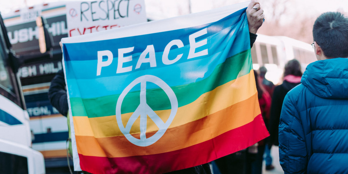 A photo of a rainbow flag with the peace sign on it.