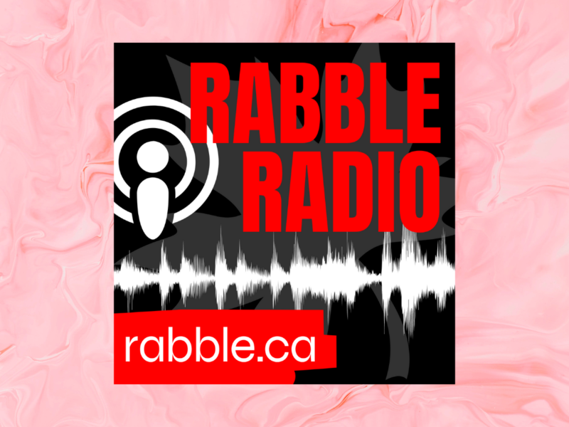 Promotional photo for our latest rabble radio episode. The rabble radio logo on a pink background.