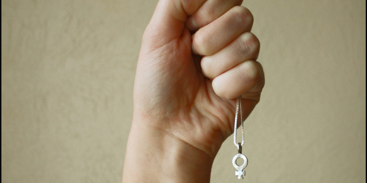 A photo of a fist holding the female symbol.