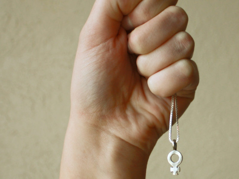 A photo of a fist holding the female symbol.