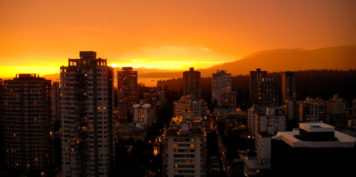 A photo of Vancouver BC skyline at sunset.