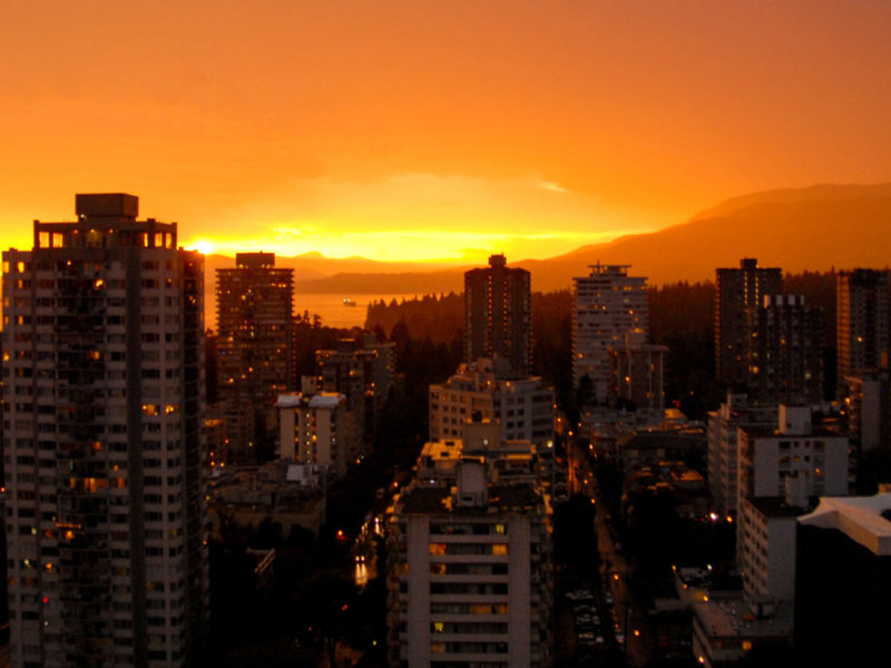 A photo of Vancouver BC skyline at sunset.