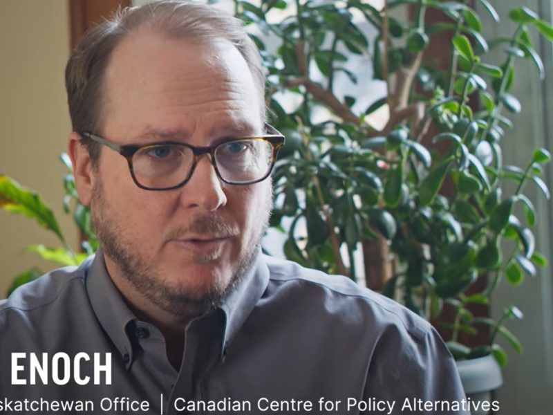 A still from CUPE Saskatchewan's new documentary Meeting Human Needs: The fight to protect Saskatchewan's public services showing Simon Enoch, Director of the Saskatchewan Office of the Canadian Centre for Policy Alternatives.
