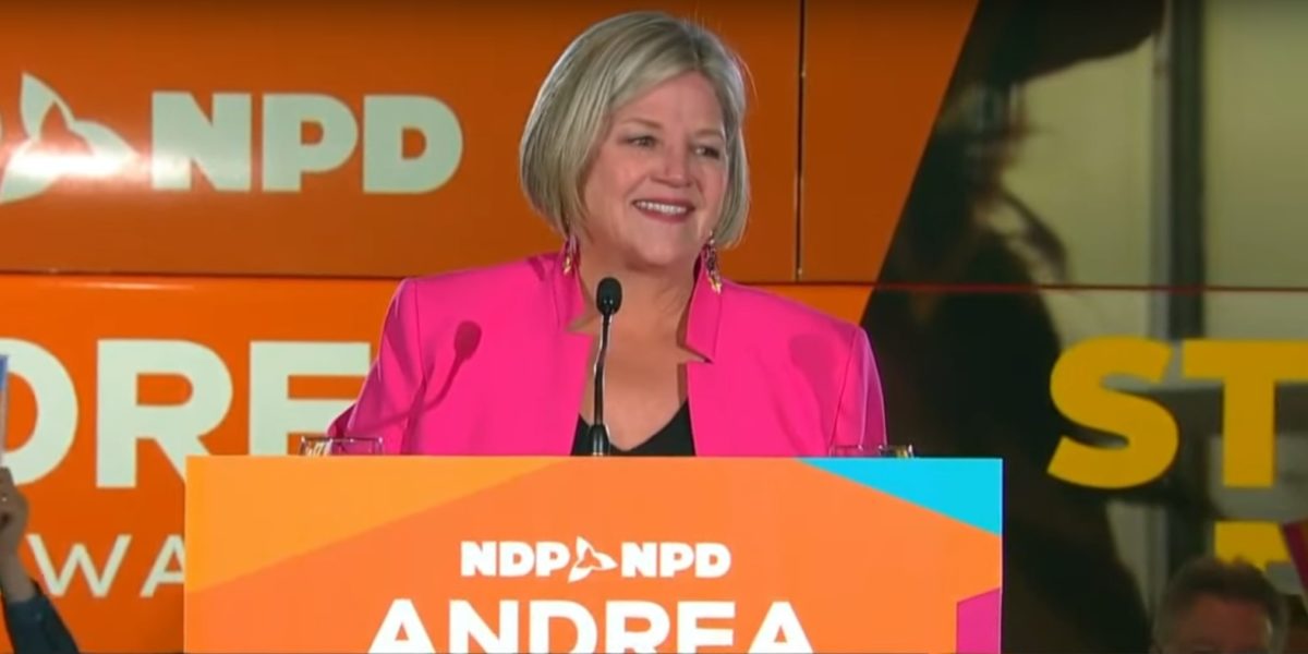 A screencapture of Ontario NDP leader Andrea Horwath announcing that she would be stepping down during her election night speech on June 2, 2022.