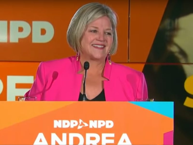 A screencapture of Ontario NDP leader Andrea Horwath announcing that she would be stepping down during her election night speech on June 2, 2022.