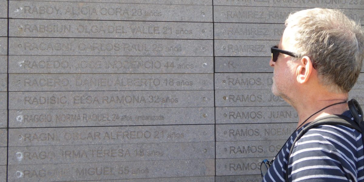 A photo of author Marc Raboy at the Monument to the Victims of State Terrorism, Parque de la Memoria (Memory Park), Buenos Aires, 2019.