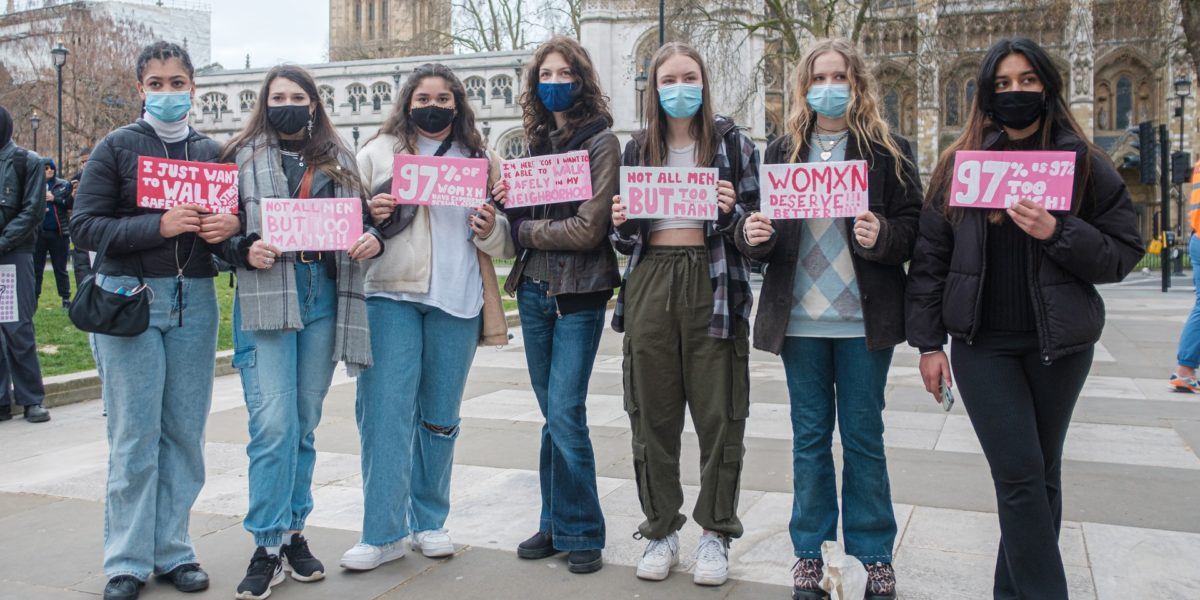 A photo of the 97% March, from Trafalgar Square to the Palace of Westminster, after a UN Women survey found that 97% of women 18 to 24 reported being sexually harassed.