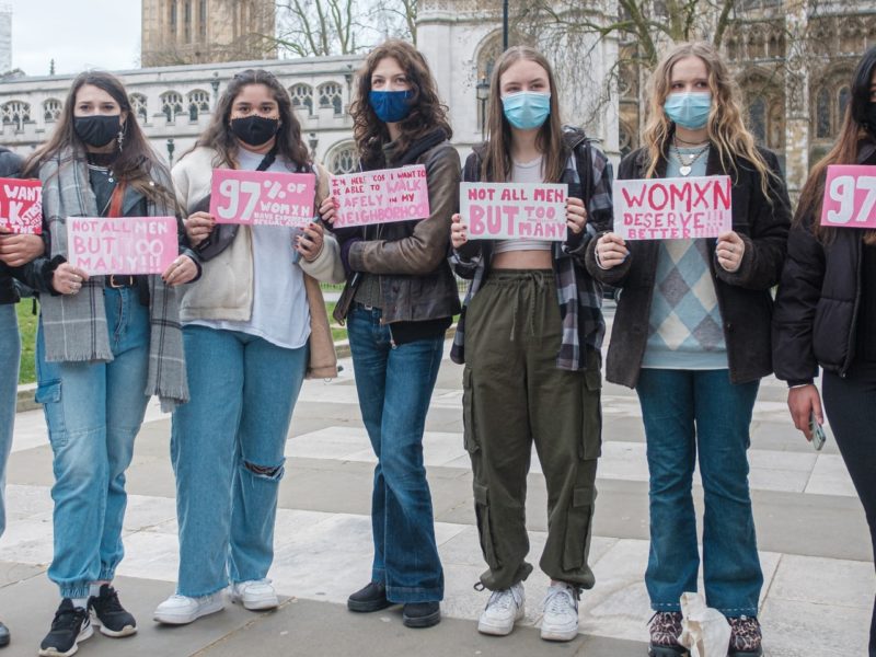 A photo of the 97% March, from Trafalgar Square to the Palace of Westminster, after a UN Women survey found that 97% of women 18 to 24 reported being sexually harassed.