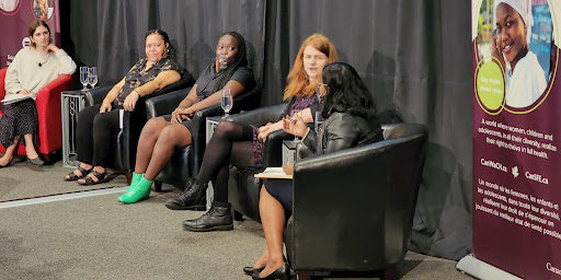 A photo of the Advancing Gender Equality in Canadian Politics Panel, from left to right: Moderator Kylie Adair, Future of Good, Raine Lillifeldt, Interim CEO, YWCA, Debbie Owusu-Akyeeh, Canadian Centre for Gender and Sexual Diversity (CCGSD), Fae Johnstone, Wisdom2Action, and Anjum Sultana, Plan International Canada.