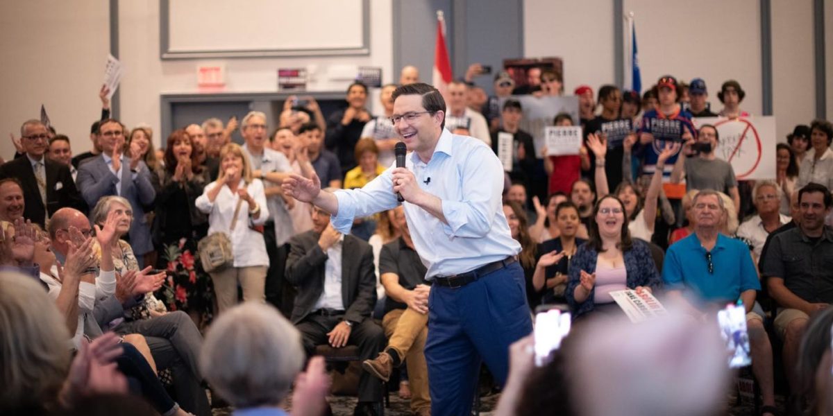 A photo of Conservative Leadership candidate Pierre Poilievre at a rally in May 2022.