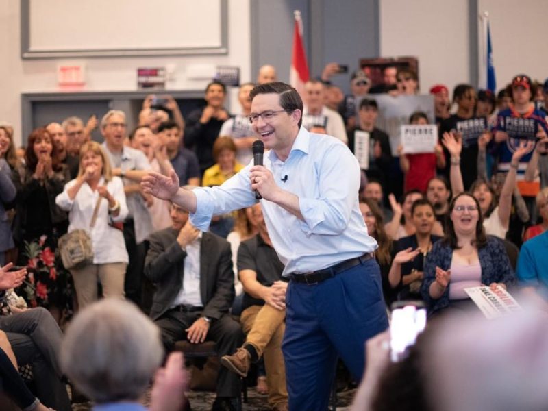 A photo of Conservative Leadership candidate Pierre Poilievre at a rally in May 2022.